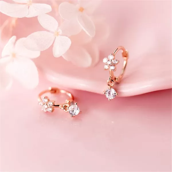 CZ Dangle Drop Huggie Hoop Earrings for Women Teen Girls 925 Sterling Silver Charms Tiny Rhinestone Daisy Flower Hinged Small Cartilage Stud Tragus Dainty Fashion Jewelry HypoallergenicRose Gold Plated