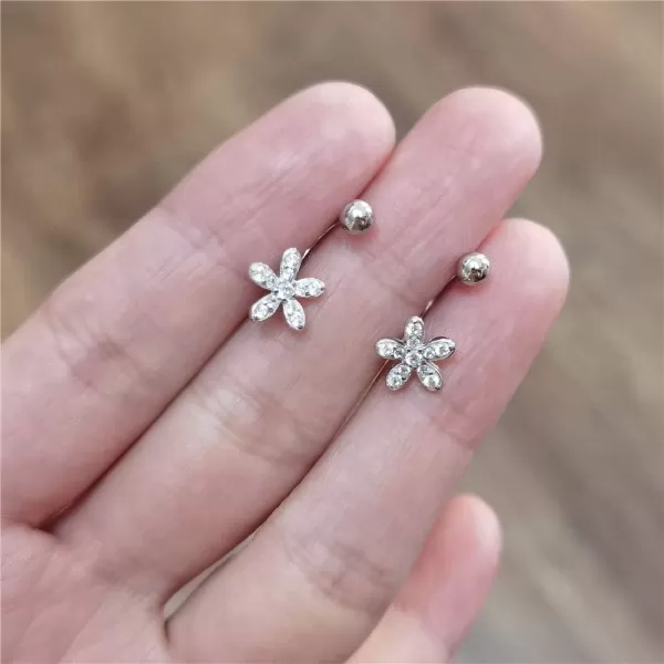 CZ Flower Dangle Ball Half Small Piercing Hoop Stud Earrings for Women Girls Sterling Silver Crystal Drop Front Back Huggie Hoops Tragus Curved Barbell Daith Rook Ear Body Ring 20GSilver