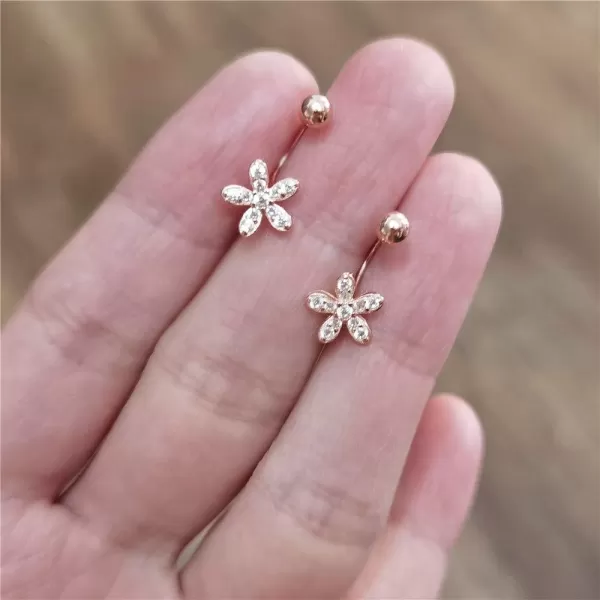 CZ Flower Dangle Ball Half Small Piercing Hoop Stud Earrings for Women Girls Sterling Silver Crystal Drop Front Back Huggie Hoops Tragus Curved Barbell Daith Rook Ear Body Ring 20GRose Gold