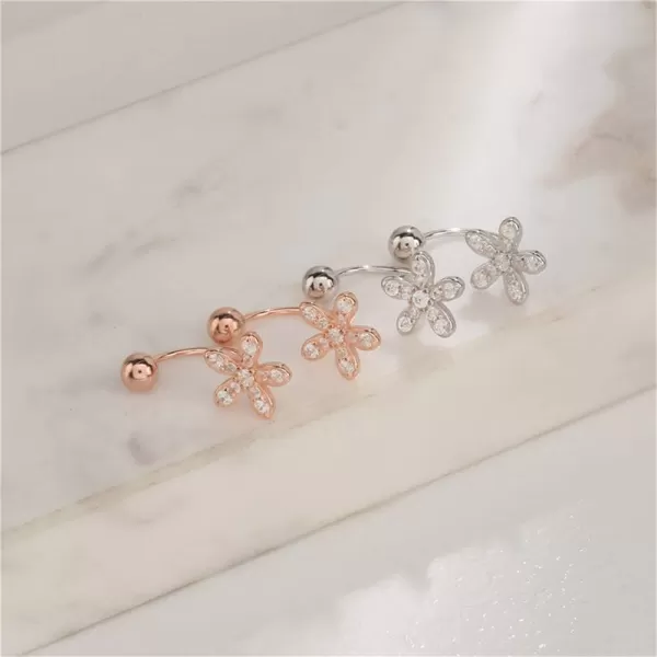 CZ Flower Dangle Ball Half Small Piercing Hoop Stud Earrings for Women Girls Sterling Silver Crystal Drop Front Back Huggie Hoops Tragus Curved Barbell Daith Rook Ear Body Ring 20GRose Gold