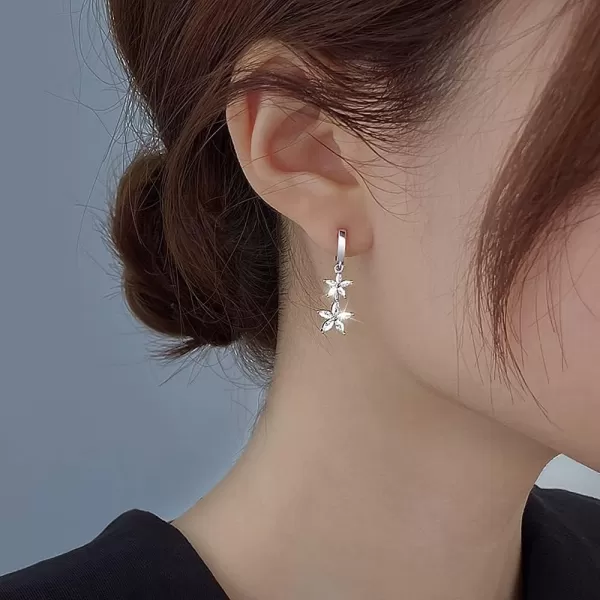 CZ Flower Dangle Hoop Earrings for Women Girls 925 Sterling Silver Charms Tiny Rhinestone Double Daisy Flower Bar Drop Dangling Small Hoop Cartilage Stud Tragus Dainty Fashion EarringsSilver
