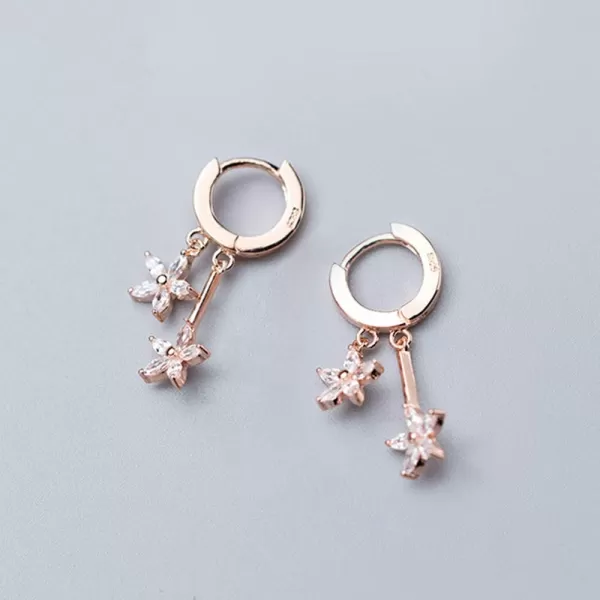 CZ Flower Dangle Hoop Earrings for Women Girls 925 Sterling Silver Charms Tiny Rhinestone Double Daisy Flower Bar Drop Dangling Small Hoop Cartilage Stud Tragus Dainty Fashion Earrings14k Rose Gold