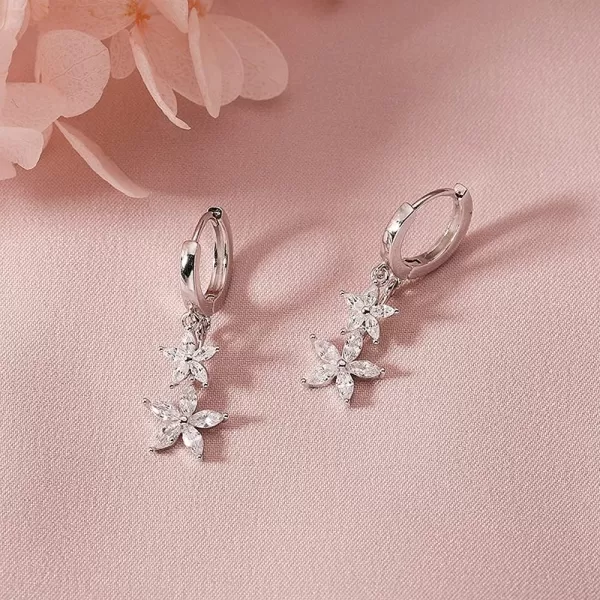 CZ Flower Dangle Hoop Earrings for Women Girls 925 Sterling Silver Charms Tiny Rhinestone Double Daisy Flower Bar Drop Dangling Small Hoop Cartilage Stud Tragus Dainty Fashion EarringsSilver