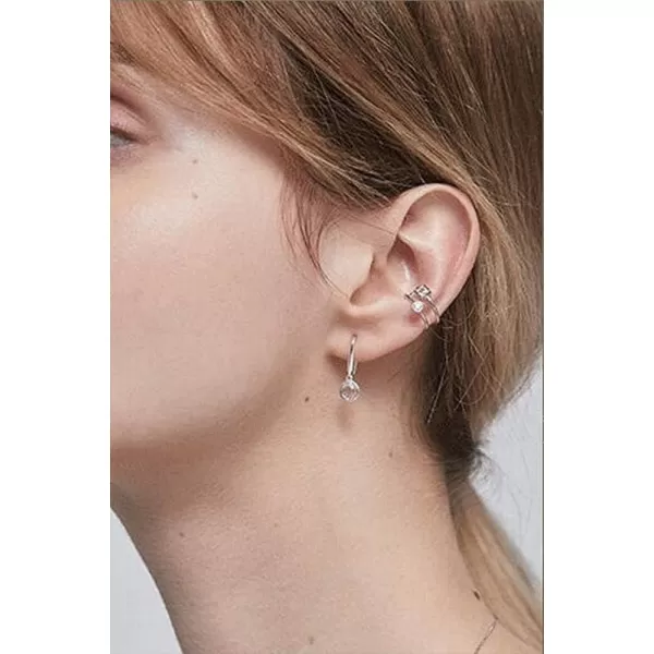 CZ Layered Cuff Earrings Half Small Hoop Sterling Silver Non Piercing Clip on Cartilage Earring for Women Girls Cubic Zirconia Minimalist Double Bands Wrap Fashion Hypoallergenic JewelrySilver