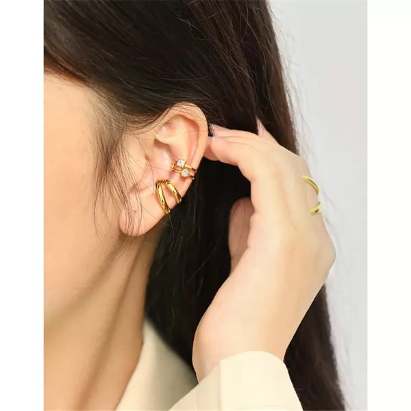 CZ Layered Cuff Earrings Half Small Hoop Sterling Silver Non Piercing Clip on Cartilage Earring for Women Girls Cubic Zirconia Minimalist Double Bands Wrap Fashion Hypoallergenic JewelryGold