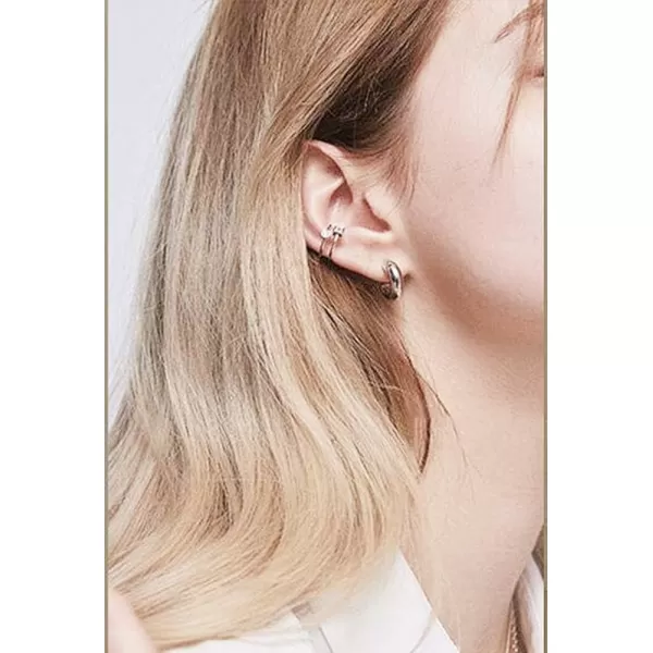 CZ Layered Cuff Earrings Half Small Hoop Sterling Silver Non Piercing Clip on Cartilage Earring for Women Girls Cubic Zirconia Minimalist Double Bands Wrap Fashion Hypoallergenic JewelrySilver