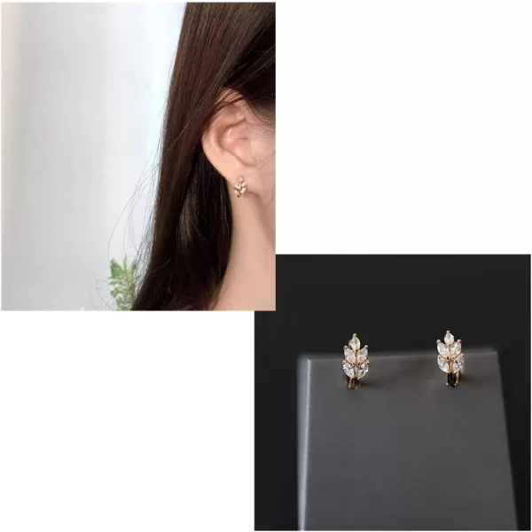 CZ Leaf Cartilage Huggie Small Hoop Earrings for Women Girls 925 Sterling Silver Cubic Zirconia Cluster Leaves Round Studs Tragus Pierced Ear Endless Hoops 8mmRose Gold Plated