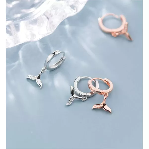 CZ Mermaid Tail Dangle Hoop Earrings for Women Girls 925 Sterling Silver Charms Cute Crystal Fish Whale Dolphin Tail Drop Cartilage Huggie Jewelry Delicate Fashion Birthday Christmas GiftsSilver