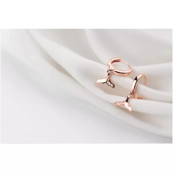 CZ Mermaid Tail Dangle Hoop Earrings for Women Girls 925 Sterling Silver Charms Cute Crystal Fish Whale Dolphin Tail Drop Cartilage Huggie Jewelry Delicate Fashion Birthday Christmas GiftsRose Gold