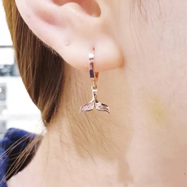 CZ Mermaid Tail Dangle Hoop Earrings for Women Girls 925 Sterling Silver Charms Cute Crystal Fish Whale Dolphin Tail Drop Cartilage Huggie Jewelry Delicate Fashion Birthday Christmas GiftsRose Gold