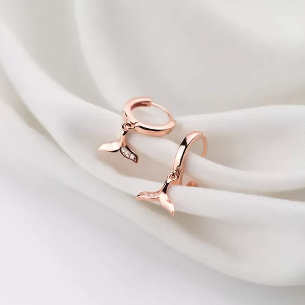 CZ Mermaid Tail Dangle Hoop Earrings for Women Girls 925 Sterling Silver Charms Cute Crystal Fish Whale Dolphin Tail Drop Cartilage Huggie Jewelry Delicate Fashion Birthday Christmas GiftsRose Gold