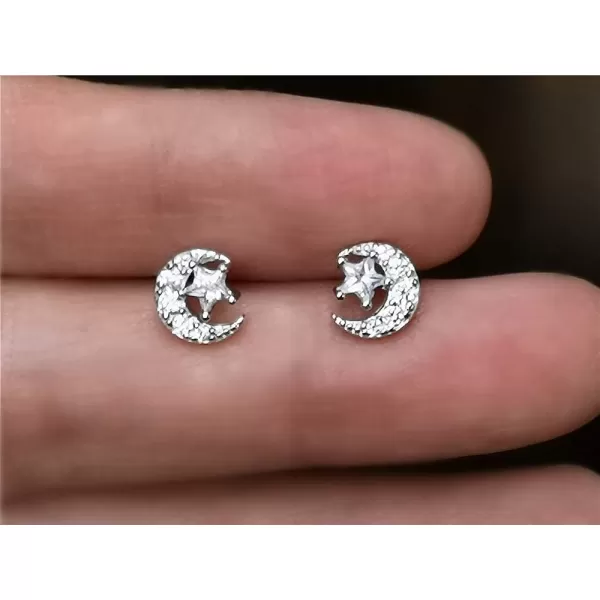 CZ Moon Star Ball Stud Earrings for Women Girls 925 Sterling Silver Cubic Zirconia Hypoallergenic for Piercing Ear 20g Barbell Tiny Cartilage Tragus Studs Dainty JewelrySilver