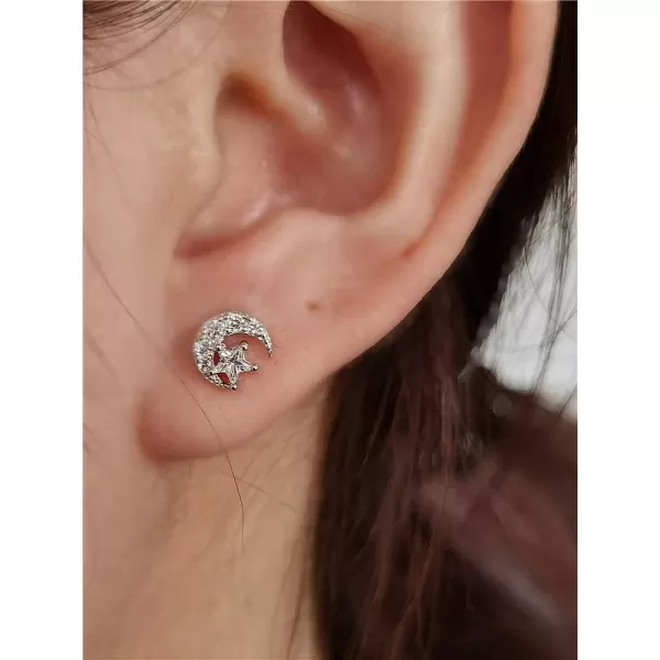 CZ Moon Star Ball Stud Earrings for Women Girls 925 Sterling Silver Cubic Zirconia Hypoallergenic for Piercing Ear 20g Barbell Tiny Cartilage Tragus Studs Dainty JewelrySilver
