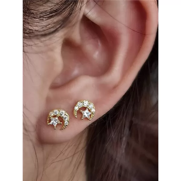 CZ Moon Star Ball Stud Earrings for Women Girls 925 Sterling Silver Cubic Zirconia Hypoallergenic for Piercing Ear 20g Barbell Tiny Cartilage Tragus Studs Dainty JewelryGold