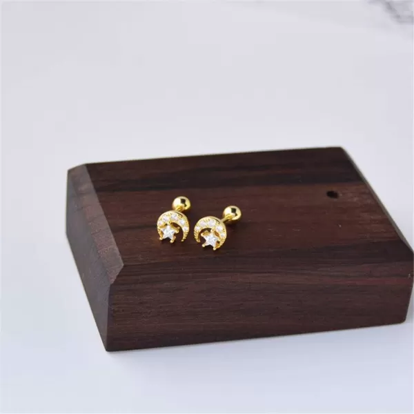 CZ Moon Star Ball Stud Earrings for Women Girls 925 Sterling Silver Cubic Zirconia Hypoallergenic for Piercing Ear 20g Barbell Tiny Cartilage Tragus Studs Dainty JewelryGold