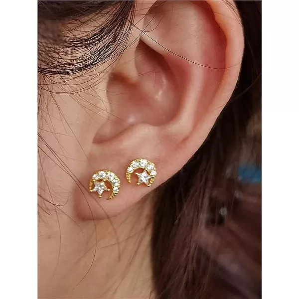 CZ Moon Star Ball Stud Earrings for Women Girls 925 Sterling Silver Cubic Zirconia Hypoallergenic for Piercing Ear 20g Barbell Tiny Cartilage Tragus Studs Dainty JewelryGold