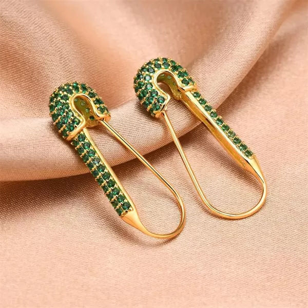 CZ Safety Pin Cartilage Huggie Hoop Earrings for Women Girls Dainty Cubic Zirconia Dangle Drop Hypoallergenic Stud Post Pave Crystal Fashion Hoops Jewelry Gold PlatedBoho Green