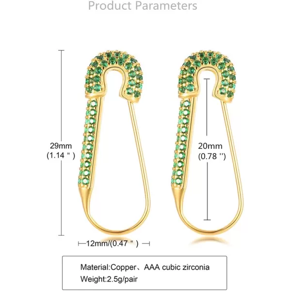 CZ Safety Pin Cartilage Huggie Hoop Earrings for Women Girls Dainty Cubic Zirconia Dangle Drop Hypoallergenic Stud Post Pave Crystal Fashion Hoops Jewelry Gold PlatedBoho Green