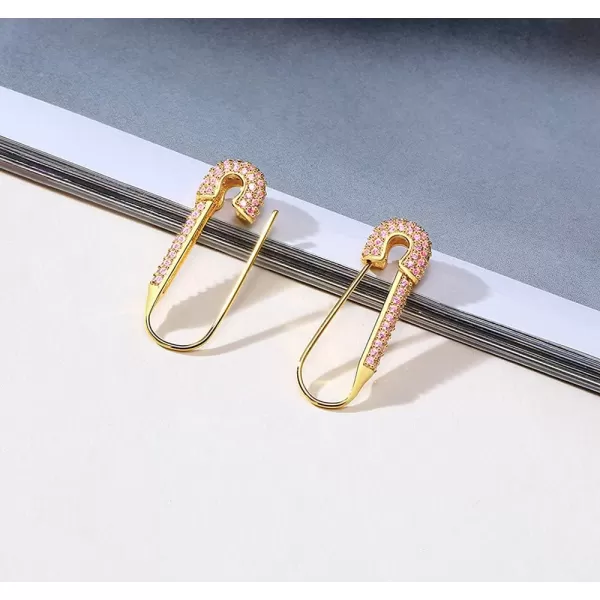 CZ Safety Pin Cartilage Huggie Hoop Earrings for Women Girls Dainty Cubic Zirconia Dangle Drop Hypoallergenic Stud Post Pave Crystal Fashion Hoops Jewelry Gold PlatedLight Pink