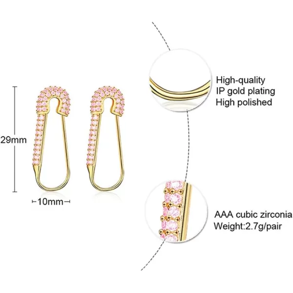CZ Safety Pin Cartilage Huggie Hoop Earrings for Women Girls Dainty Cubic Zirconia Dangle Drop Hypoallergenic Stud Post Pave Crystal Fashion Hoops Jewelry Gold PlatedLight Pink