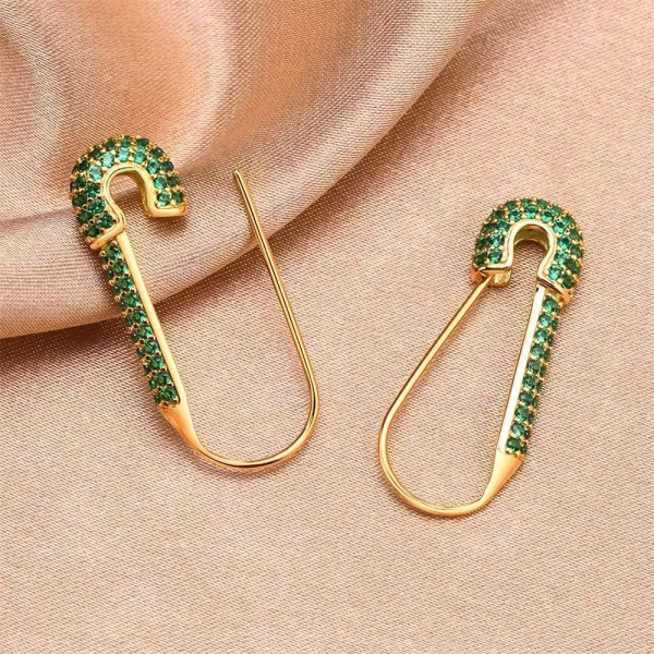 CZ Safety Pin Cartilage Huggie Hoop Earrings for Women Girls Dainty Cubic Zirconia Dangle Drop Hypoallergenic Stud Post Pave Crystal Fashion Hoops Jewelry Gold PlatedBoho Green