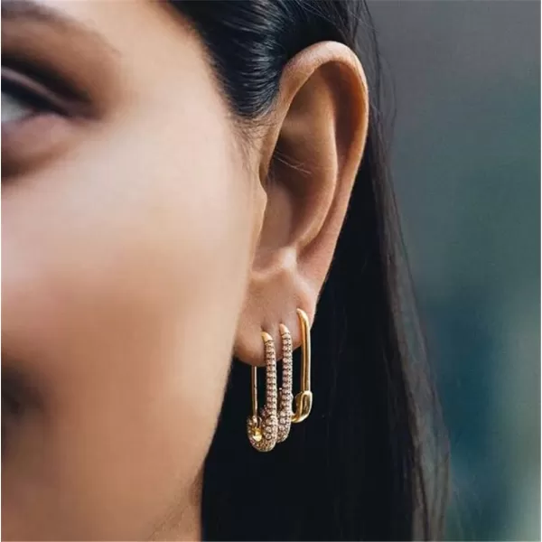 CZ Safety Pin Cartilage Huggie Hoop Earrings for Women Girls Dainty Cubic Zirconia Dangle Drop Hypoallergenic Stud Post Pave Crystal Fashion Hoops Jewelry Gold PlatedLight Pink