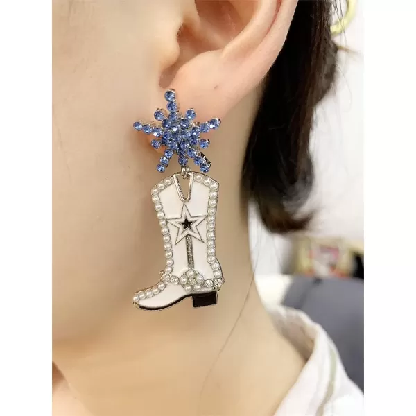 CZ Snowflake Cowgirl Boot Dangle Earrings for Women Girls Cubic Zirconia Star Shell Pearl Western Cowboy Statement Drop Dangling Stud Fashion Christmas Festival Party Jewelry GiftsBlue