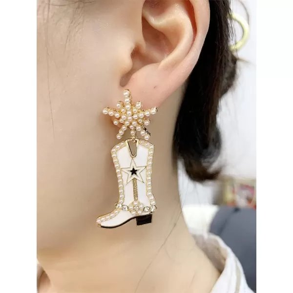 CZ Snowflake Cowgirl Boot Dangle Earrings for Women Girls Cubic Zirconia Star Shell Pearl Western Cowboy Statement Drop Dangling Stud Fashion Christmas Festival Party Jewelry GiftsWhite