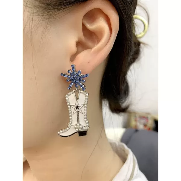 CZ Snowflake Cowgirl Boot Dangle Earrings for Women Girls Cubic Zirconia Star Shell Pearl Western Cowboy Statement Drop Dangling Stud Fashion Christmas Festival Party Jewelry GiftsBlue