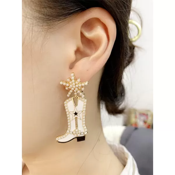 CZ Snowflake Cowgirl Boot Dangle Earrings for Women Girls Cubic Zirconia Star Shell Pearl Western Cowboy Statement Drop Dangling Stud Fashion Christmas Festival Party Jewelry GiftsWhite