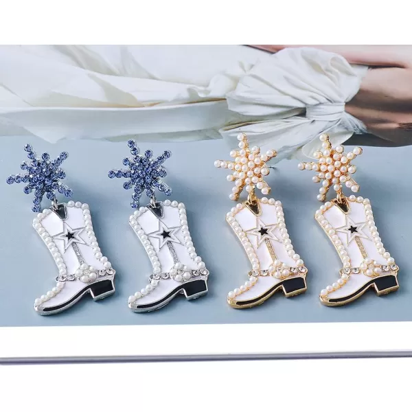 CZ Snowflake Cowgirl Boot Dangle Earrings for Women Girls Cubic Zirconia Star Shell Pearl Western Cowboy Statement Drop Dangling Stud Fashion Christmas Festival Party Jewelry GiftsBlue