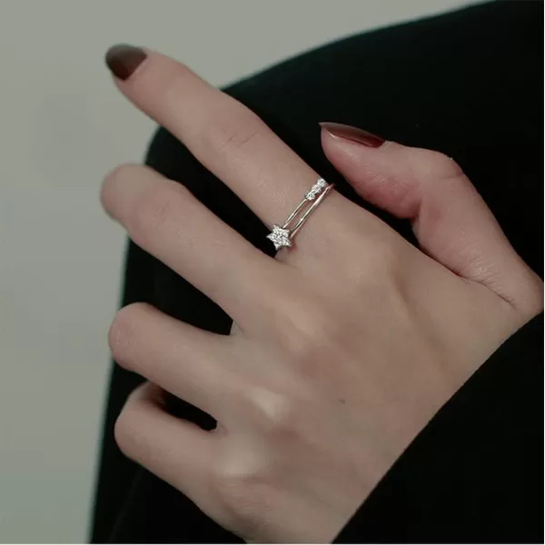 CZ Star Adjustable Engagement Ring 925 Sterling Silver for Women Girls Bezel Cubic Zirconia Celestial Starlet Expandable Open Wrap Finger Rings Comfort Fit Fashion Wedding Birthday Jewelry Dainty GiftSilver