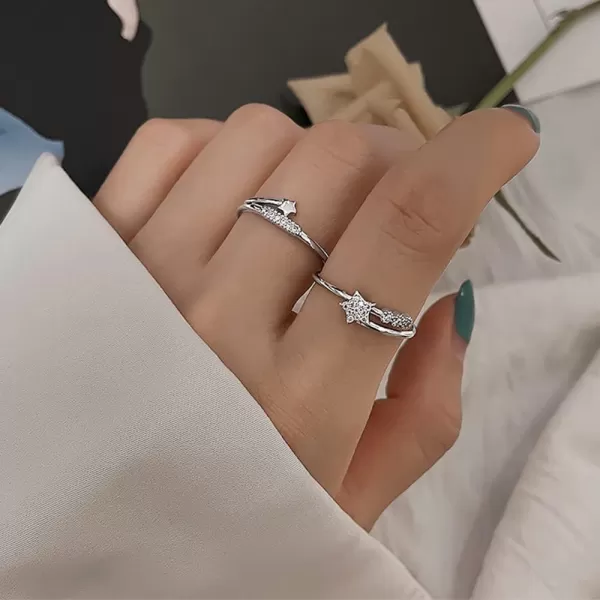 CZ Star Adjustable Engagement Ring 925 Sterling Silver for Women Girls Bezel Cubic Zirconia Celestial Starlet Expandable Open Wrap Finger Rings Comfort Fit Fashion Wedding Birthday Jewelry Dainty GiftSilver