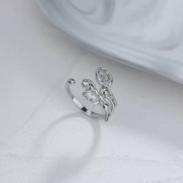CZ Tulip Flower Statemeng Ring for Women Girls Silvery Sideways Flowers Adjustable Open Wide Wrap Finger Rings Comfort Fit Elegant Wedding Engagement Birthday Anniversary Jewelry GiftCZ Tulip Flower Statemeng Ring for Women Girls Silvery Sideways Flowers Adjustable Open Wide Wrap Finger Rings Comfort Fit Elegant Wedding Engagement Birthday Anniversary Jewelry Gift