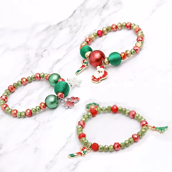 Christmas Beaded Stretch Bracelets for Women Girls Charms Colorful Acrylic Crystal Turquoise Ball Bead Strand Elastic Layer BFF Bracelet Chains Xmas Holiday Accessories Jewelry Gifts for Mother DaughterTree Wreath