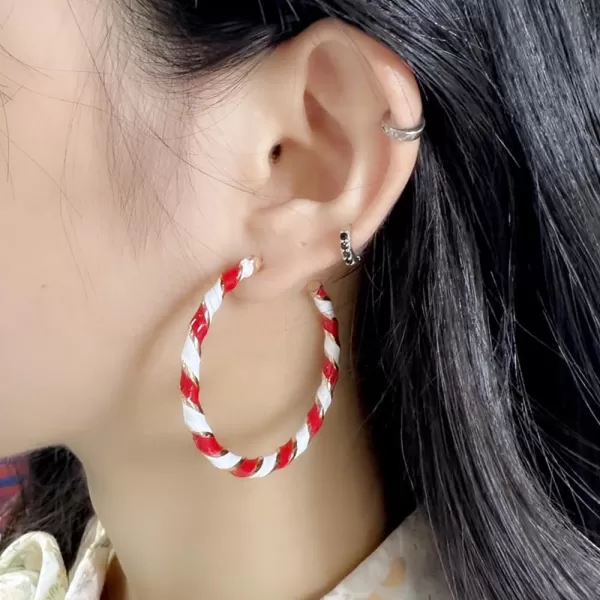 Colorful Candy Hoop Earrings for Women Girls Gold Plated Big Twisted Diagonal Striped Christmas Statement Dangle Drop Huggie Open Hoops Earring Fashion Fun Lightweight Xmas Holiday Festival Ornament Jewelry GiftsWhite Red