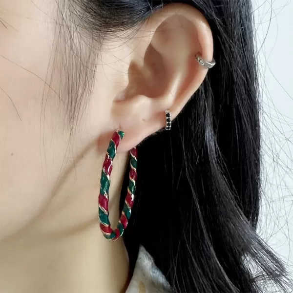 Colorful Candy Hoop Earrings for Women Girls Gold Plated Big Twisted Diagonal Striped Christmas Statement Dangle Drop Huggie Open Hoops Earring Fashion Fun Lightweight Xmas Holiday Festival Ornament Jewelry GiftsRed Green