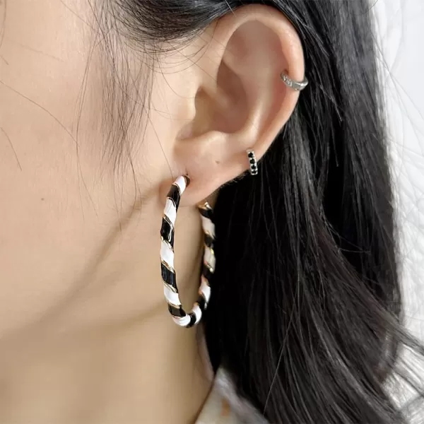 Colorful Candy Hoop Earrings for Women Girls Gold Plated Big Twisted Diagonal Striped Christmas Statement Dangle Drop Huggie Open Hoops Earring Fashion Fun Lightweight Xmas Holiday Festival Ornament Jewelry GiftsBlack White