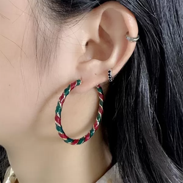Colorful Candy Hoop Earrings for Women Girls Gold Plated Big Twisted Diagonal Striped Christmas Statement Dangle Drop Huggie Open Hoops Earring Fashion Fun Lightweight Xmas Holiday Festival Ornament Jewelry GiftsRed Green