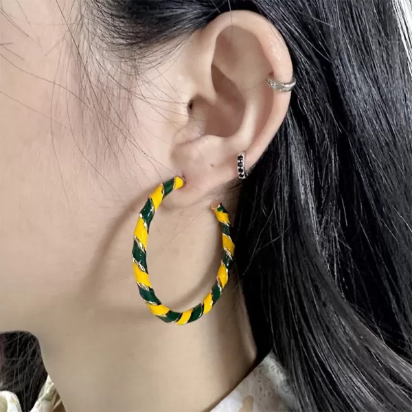Colorful Candy Hoop Earrings for Women Girls Gold Plated Big Twisted Diagonal Striped Christmas Statement Dangle Drop Huggie Open Hoops Earring Fashion Fun Lightweight Xmas Holiday Festival Ornament Jewelry GiftsYellow Green