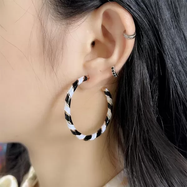Colorful Candy Hoop Earrings for Women Girls Gold Plated Big Twisted Diagonal Striped Christmas Statement Dangle Drop Huggie Open Hoops Earring Fashion Fun Lightweight Xmas Holiday Festival Ornament Jewelry GiftsBlack White