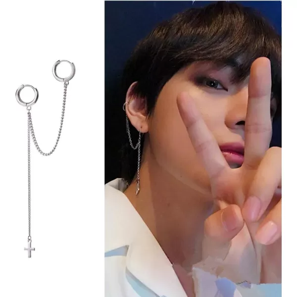 Cross Chain Drop Dangle Small Double Hoop Earrings for Women Girls Sterling Silver Huggie Tassel Slave Chain Dangling 2 Hole Pair Post Multiple Piercing Studs Cartilage Men Personalized JewelryPiece