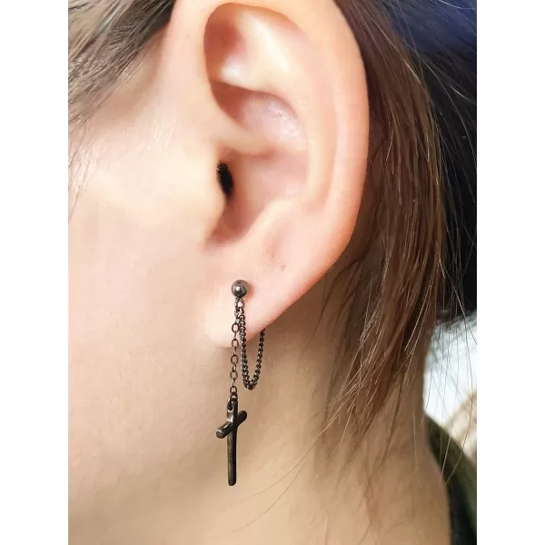 Cross Dangle Drop Earrings 925 Sterling Silver Chain Dropping for Women Girls Punk Ball Studs Hypoallergenic JewelryBlack