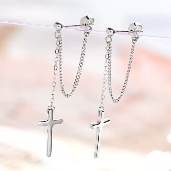 Cross Dangle Drop Earrings 925 Sterling Silver Chain Dropping for Women Girls Punk Ball Studs Hypoallergenic JewelrySilver