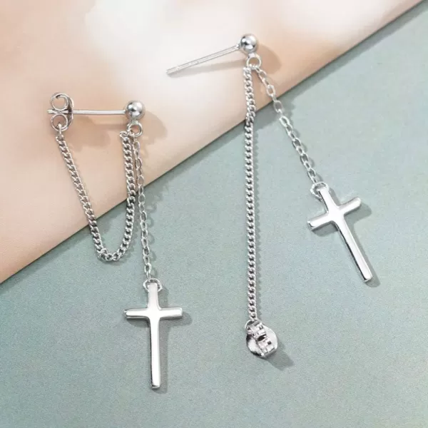 Cross Dangle Drop Earrings 925 Sterling Silver Chain Dropping for Women Girls Punk Ball Studs Hypoallergenic JewelrySilver