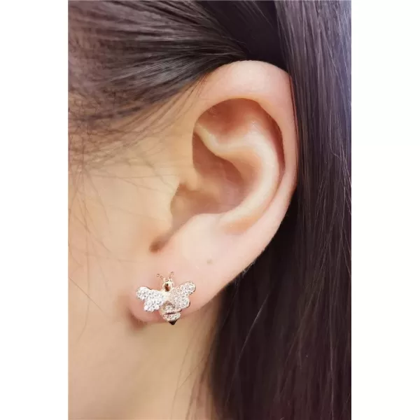 Crystal Bee Stud Earrings for Women Girls S925 Sterling Silver Cubic Zirconia Delicate Cute Animal Honeybee Small Studs Hypoallergenic Gift JewelryRose Gold