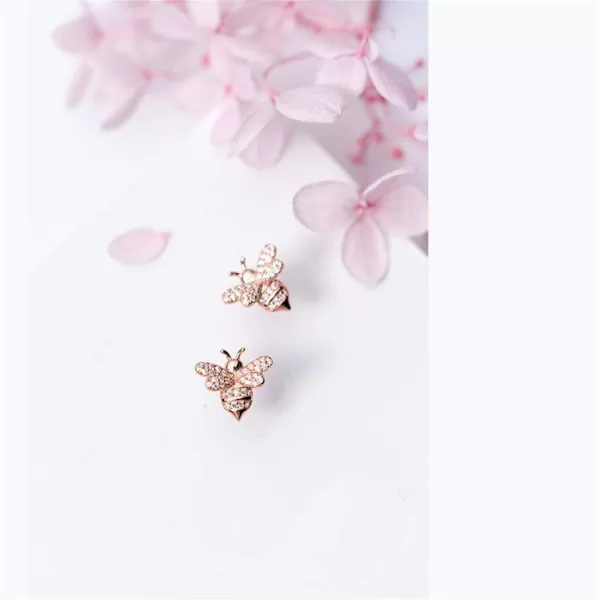 Crystal Bee Stud Earrings for Women Girls S925 Sterling Silver Cubic Zirconia Delicate Cute Animal Honeybee Small Studs Hypoallergenic Gift JewelryRose Gold