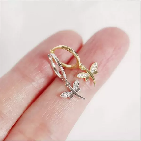 Crystal Dragonfly Dangle Hoop Earrings for Women Teen Girls S925 Sterling Silver with Charms CZ Diamond Drop Cartilage Cute Jewelry Delicate Fashion Birthday Gift Best FriendWhite Gold Plated