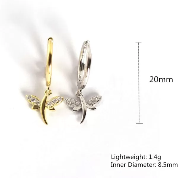 Crystal Dragonfly Dangle Hoop Earrings for Women Teen Girls S925 Sterling Silver with Charms CZ Diamond Drop Cartilage Cute Jewelry Delicate Fashion Birthday Gift Best FriendWhite Gold Plated