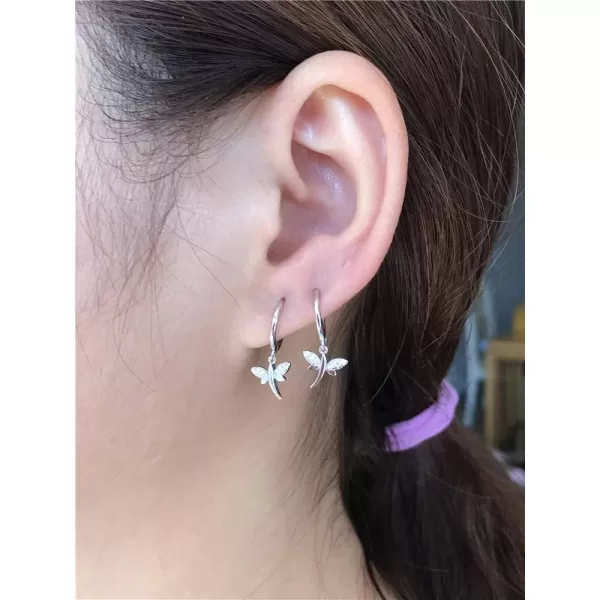 Crystal Dragonfly Dangle Hoop Earrings for Women Teen Girls S925 Sterling Silver with Charms CZ Diamond Drop Cartilage Cute Jewelry Delicate Fashion Birthday Gift Best FriendWhite Gold Plated